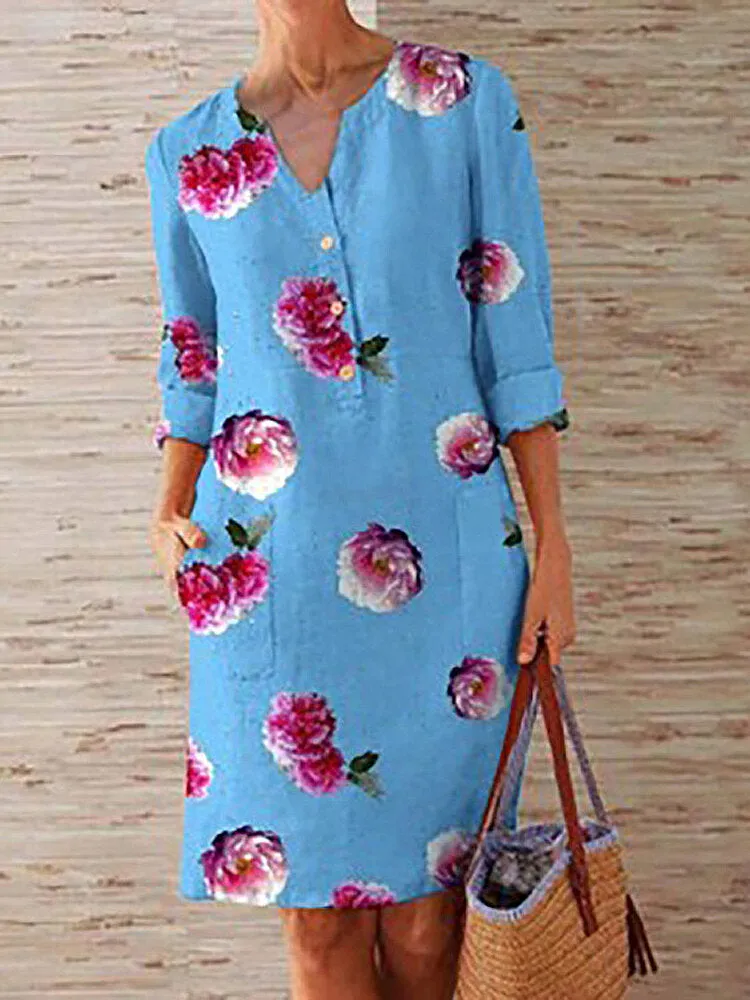 Floral Print Notched Neckline Half Sleeve Casual Women Midi Dress