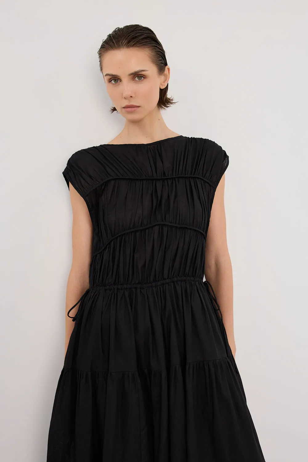 FLYNN BLACK LINEN BLEND MIDI DRESS
