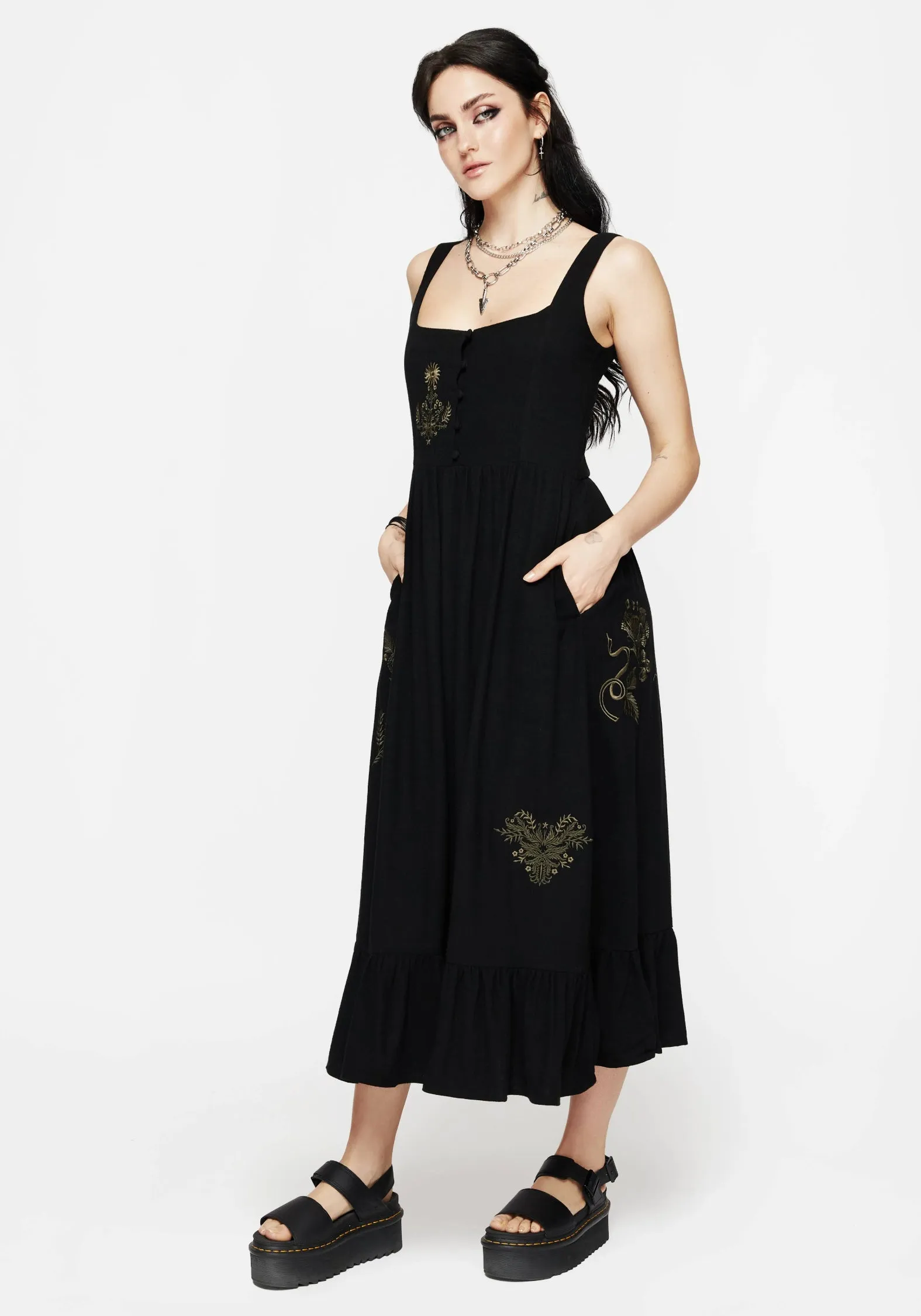 Foliate Linen-Blend Embroidered Sleeveless Midi Dress - Black