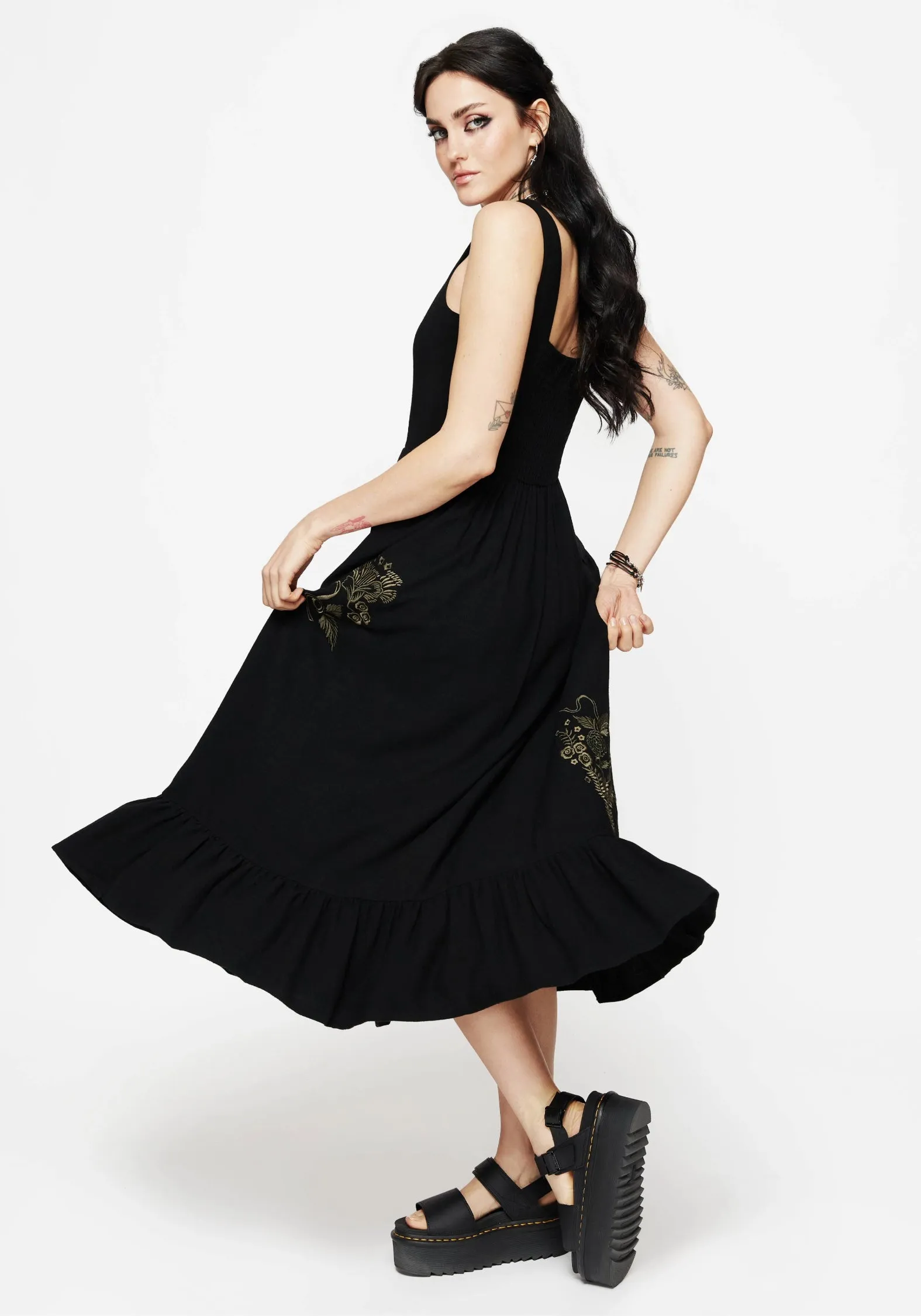 Foliate Linen-Blend Embroidered Sleeveless Midi Dress - Black