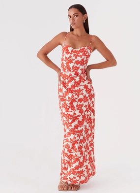 Forbidden Floral Bustier Maxi Dress - Red Floral