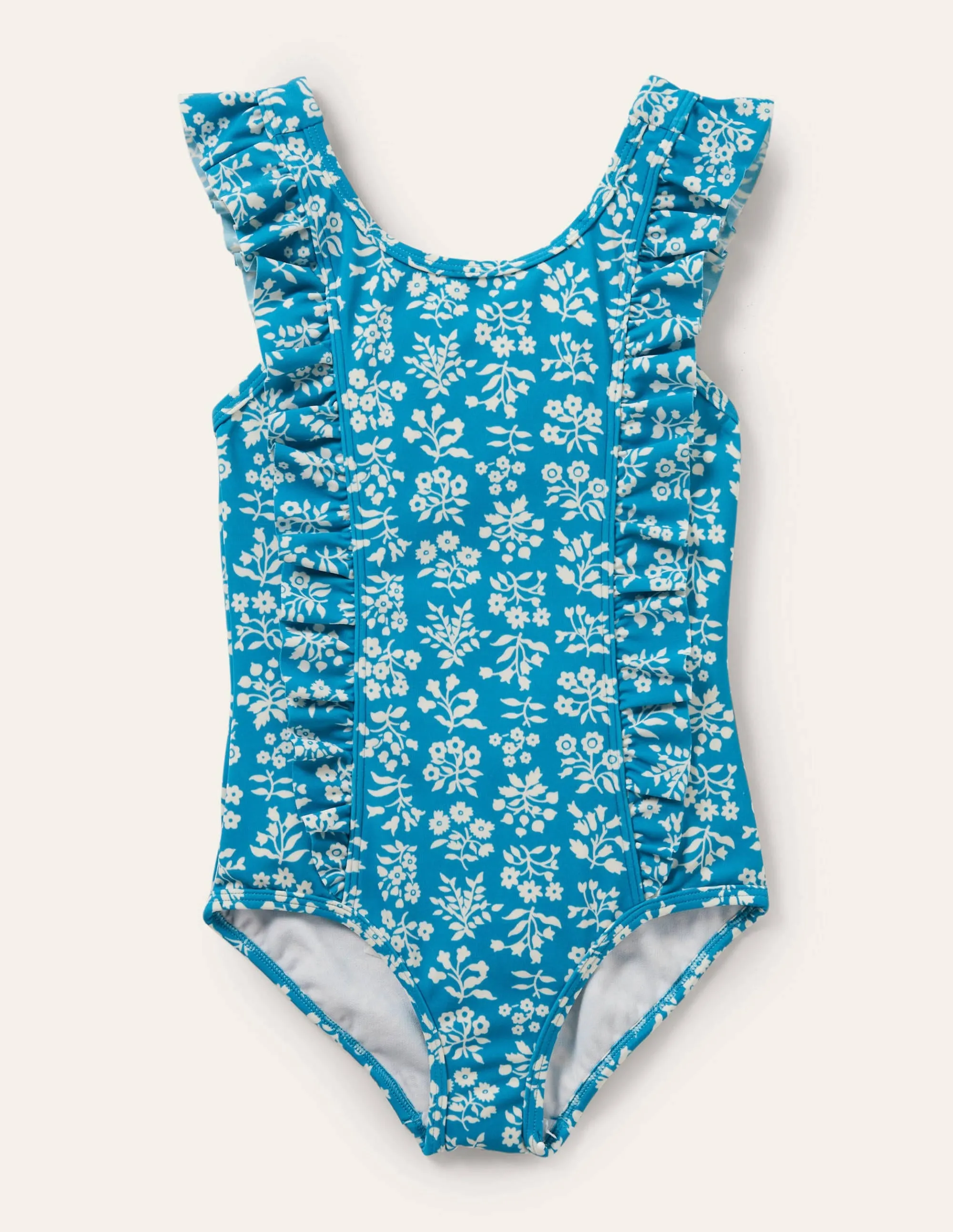 Frilly Strap Swimsuit-Bahama Blue Woodblock