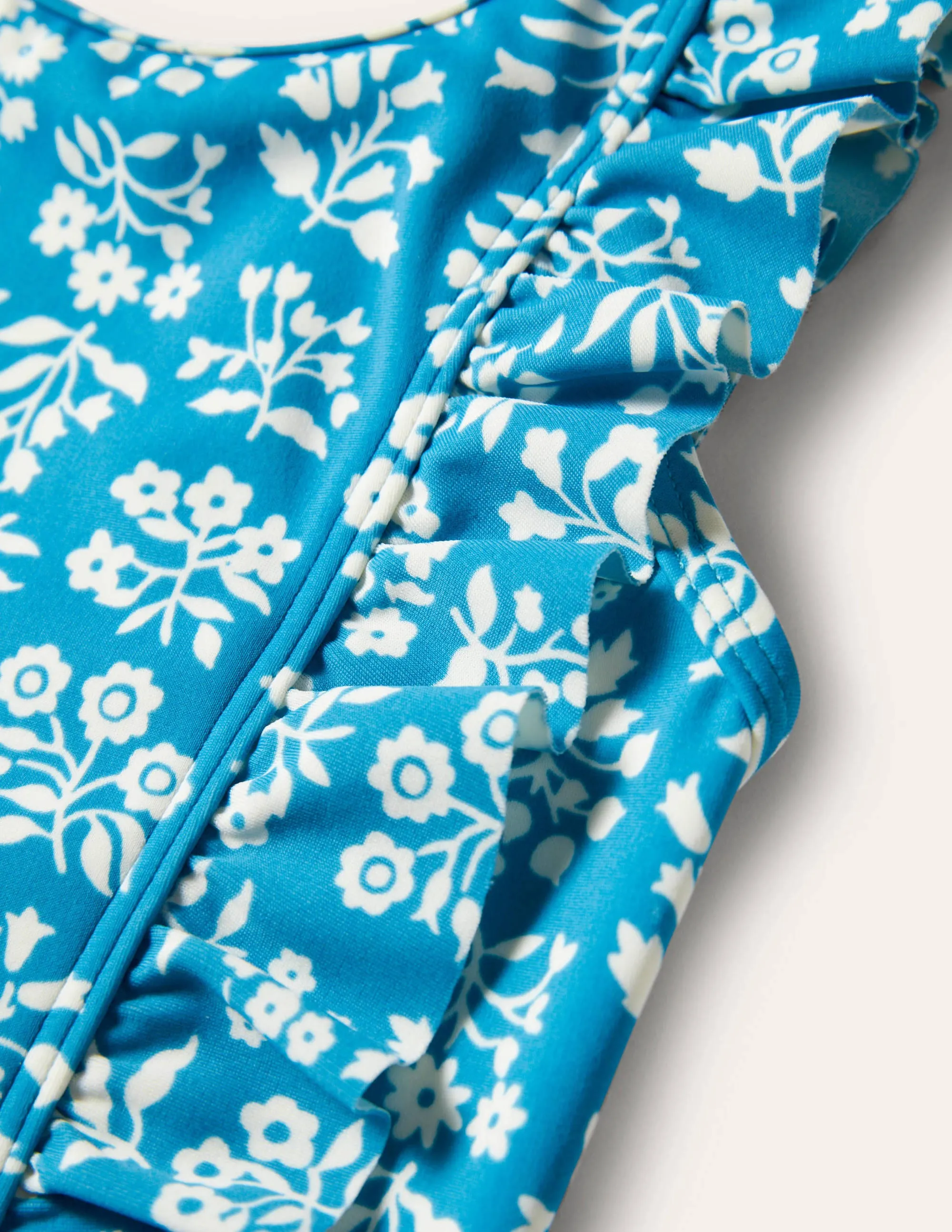 Frilly Strap Swimsuit-Bahama Blue Woodblock