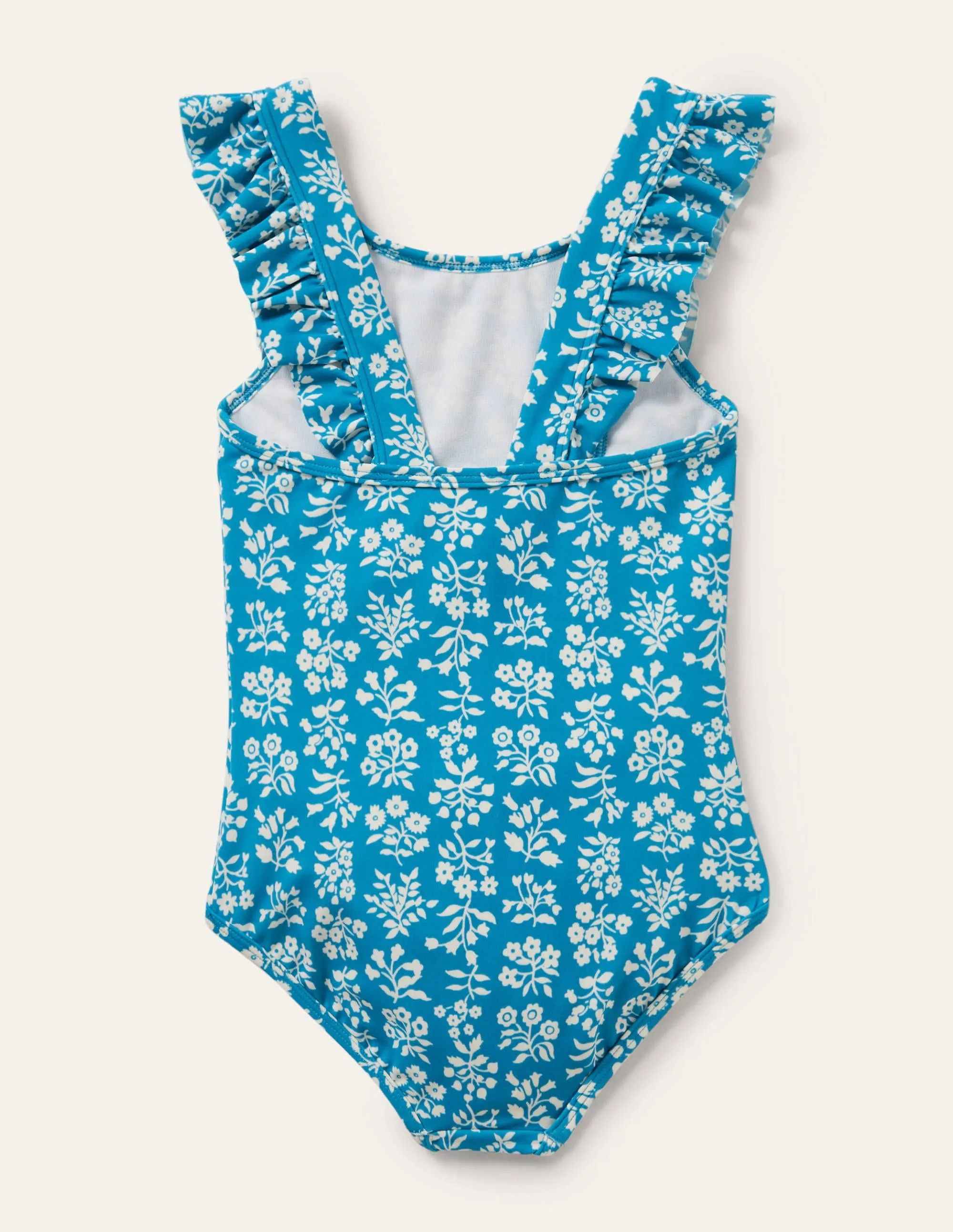 Frilly Strap Swimsuit-Bahama Blue Woodblock