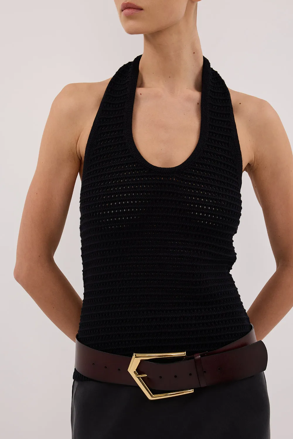 GINA BLACK HALTER CROCHET TOP