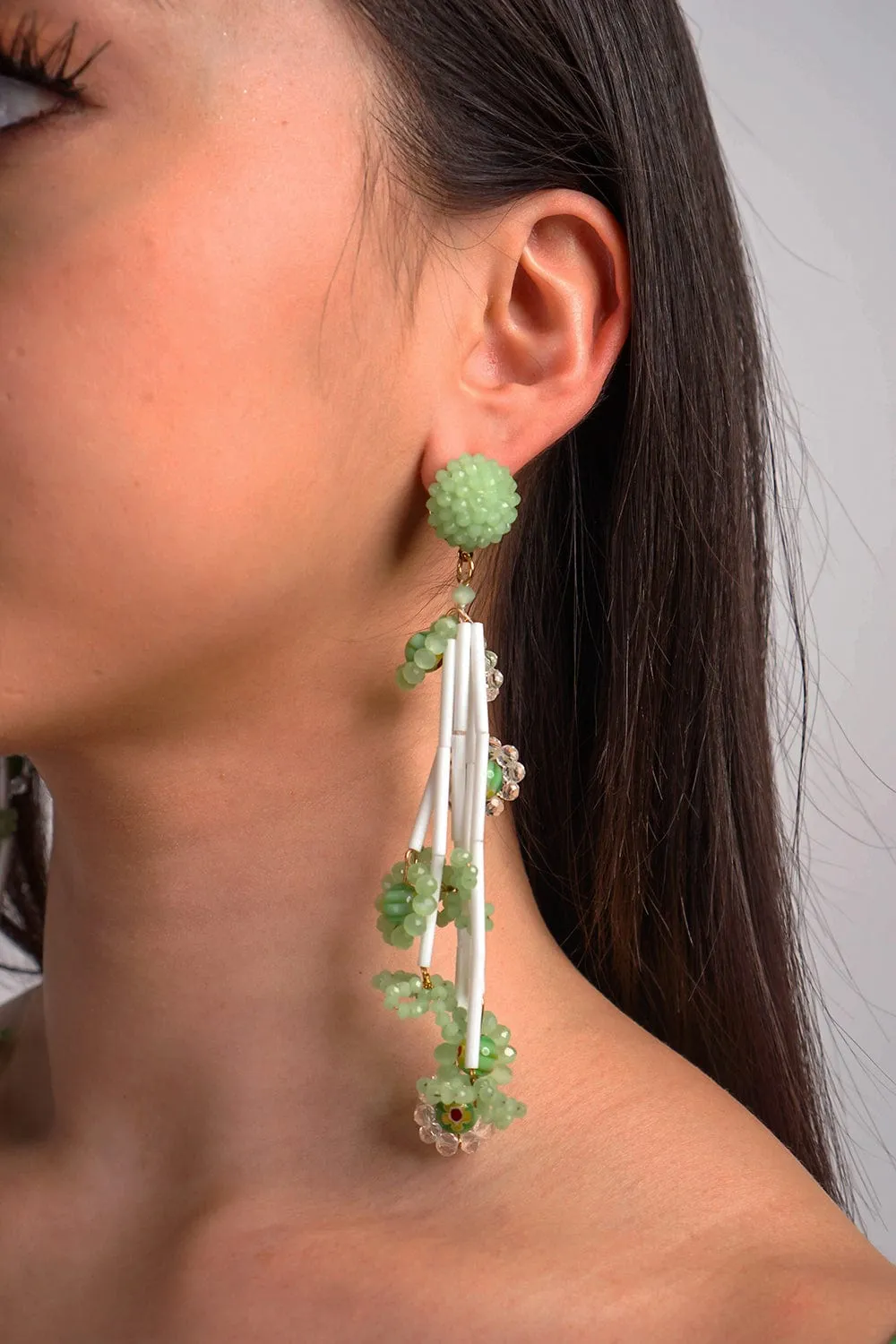 Green Crystal Beaded Braided Flower Drop Earrings