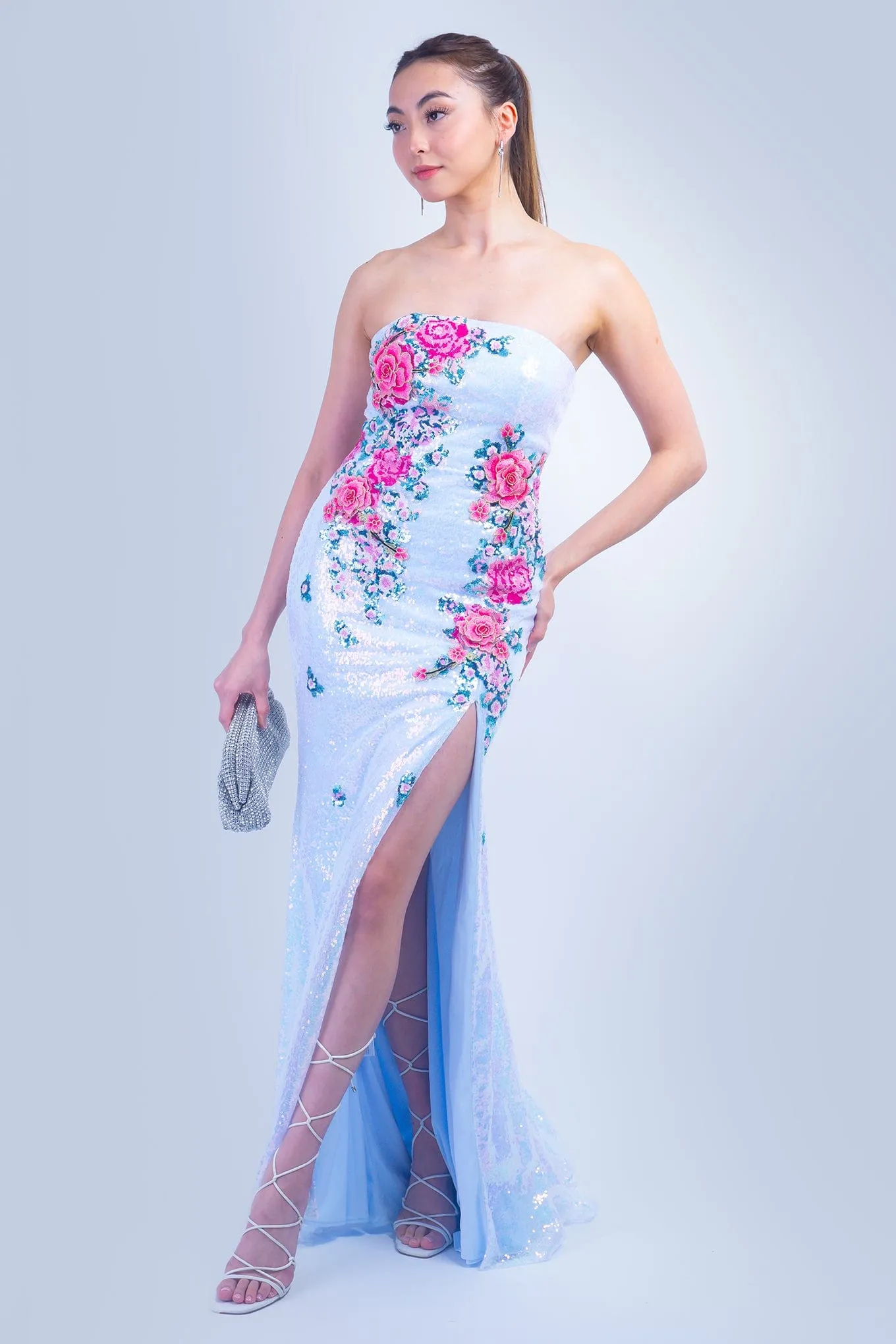 Ice Blue Floral Sequins Strapless Gown