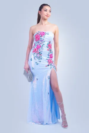 Ice Blue Floral Sequins Strapless Gown