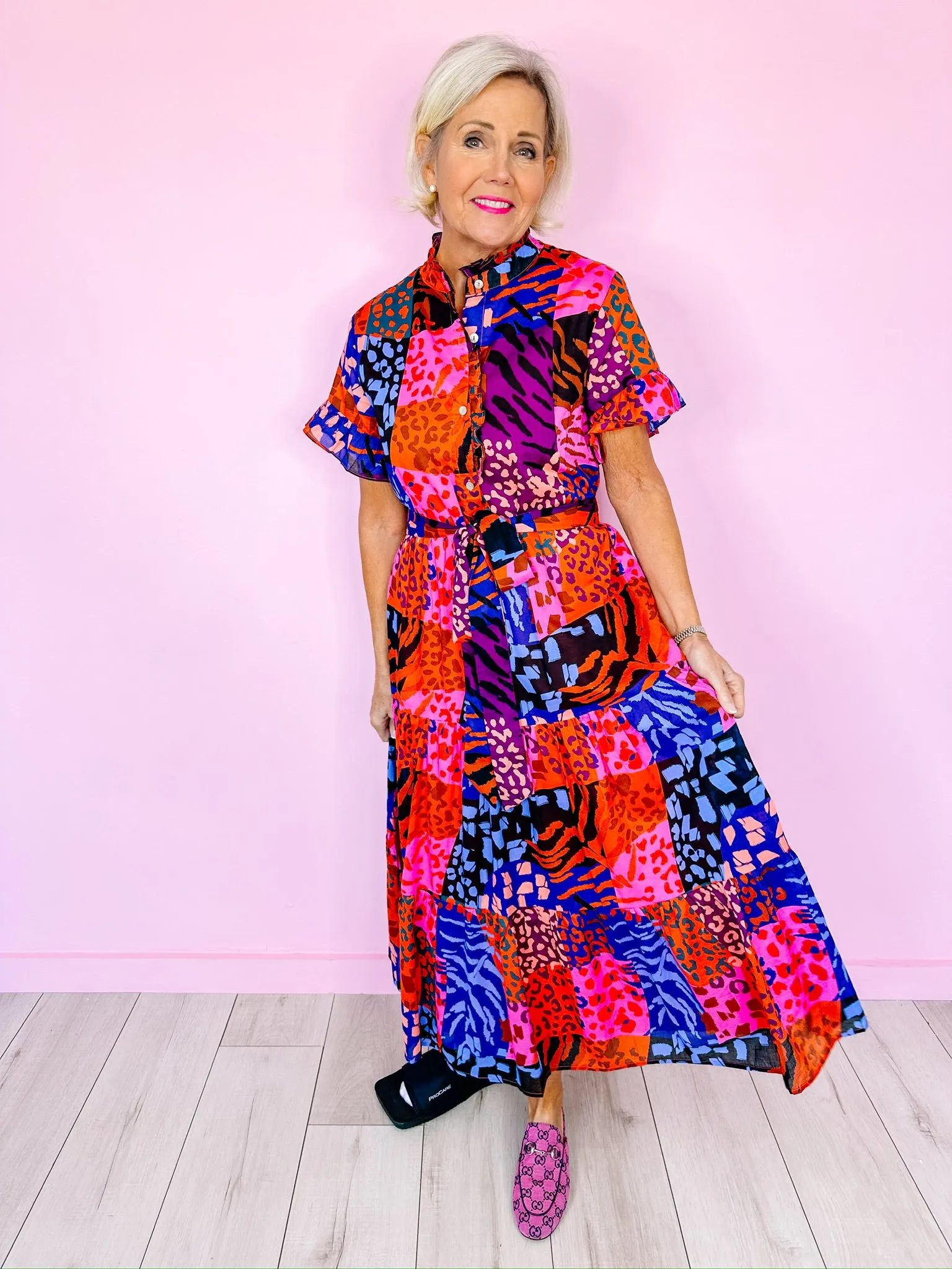 JADE LEOPARD PATCHWORK BUTTON UP MIDI DRESS