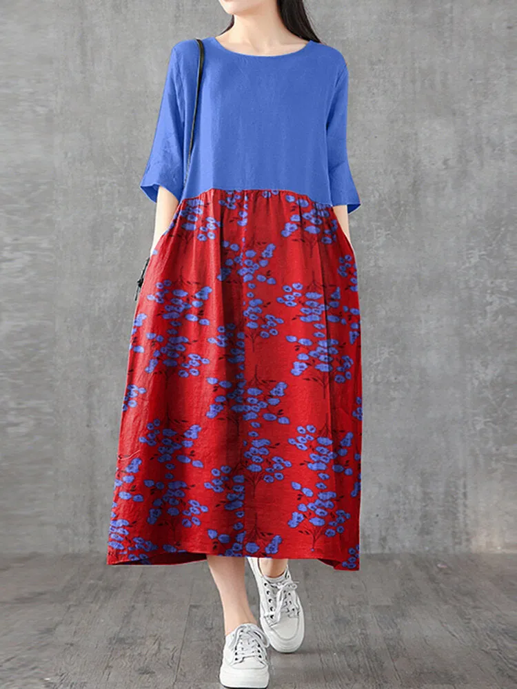Japan Flower Style Print Patchwork Loose Casual Pocket Women Maxi Dress