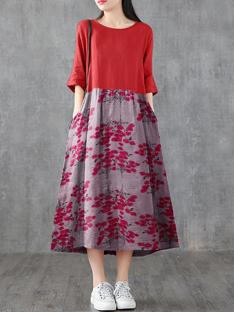 Japan Flower Style Print Patchwork Loose Casual Pocket Women Maxi Dress