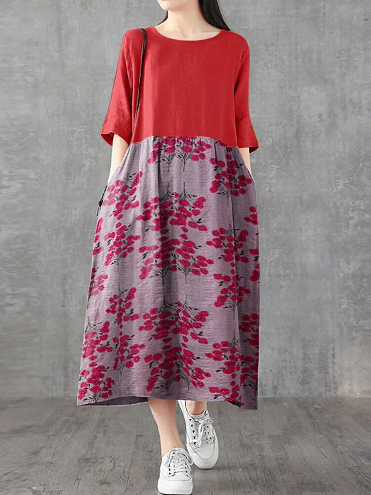 Japan Flower Style Print Patchwork Loose Casual Pocket Women Maxi Dress