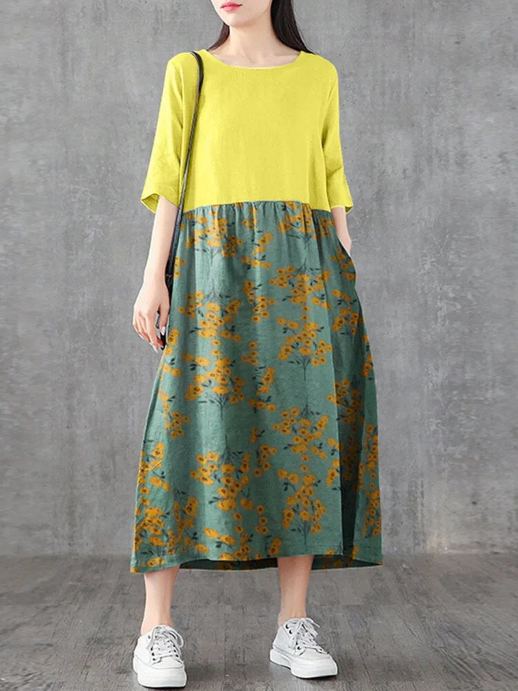 Japan Flower Style Print Patchwork Loose Casual Pocket Women Maxi Dress