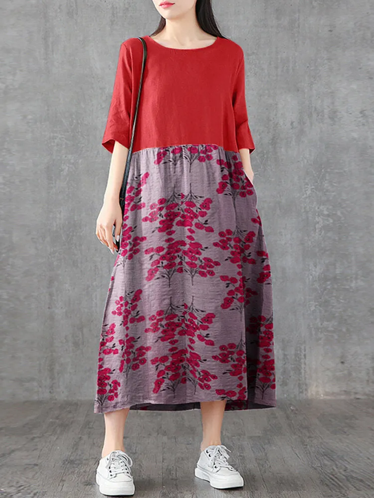 Japan Flower Style Print Patchwork Loose Casual Pocket Women Maxi Dress