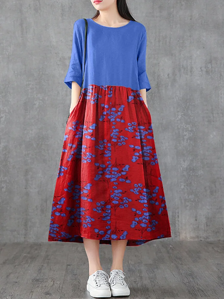 Japan Flower Style Print Patchwork Loose Casual Pocket Women Maxi Dress