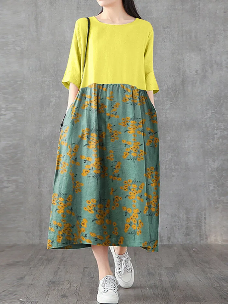 Japan Flower Style Print Patchwork Loose Casual Pocket Women Maxi Dress