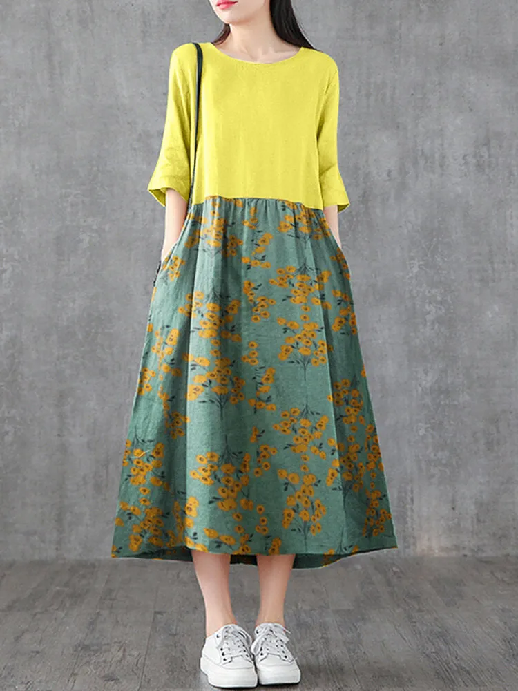 Japan Flower Style Print Patchwork Loose Casual Pocket Women Maxi Dress