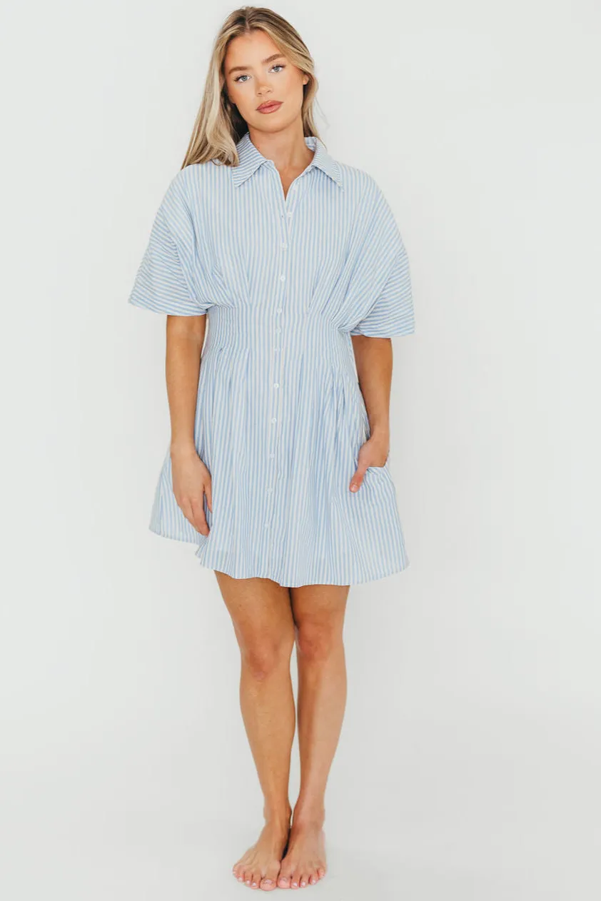 Jojo 100% Cotton Pleated Mini Shirt Dress in Blue