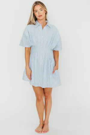 Jojo 100% Cotton Pleated Mini Shirt Dress in Blue