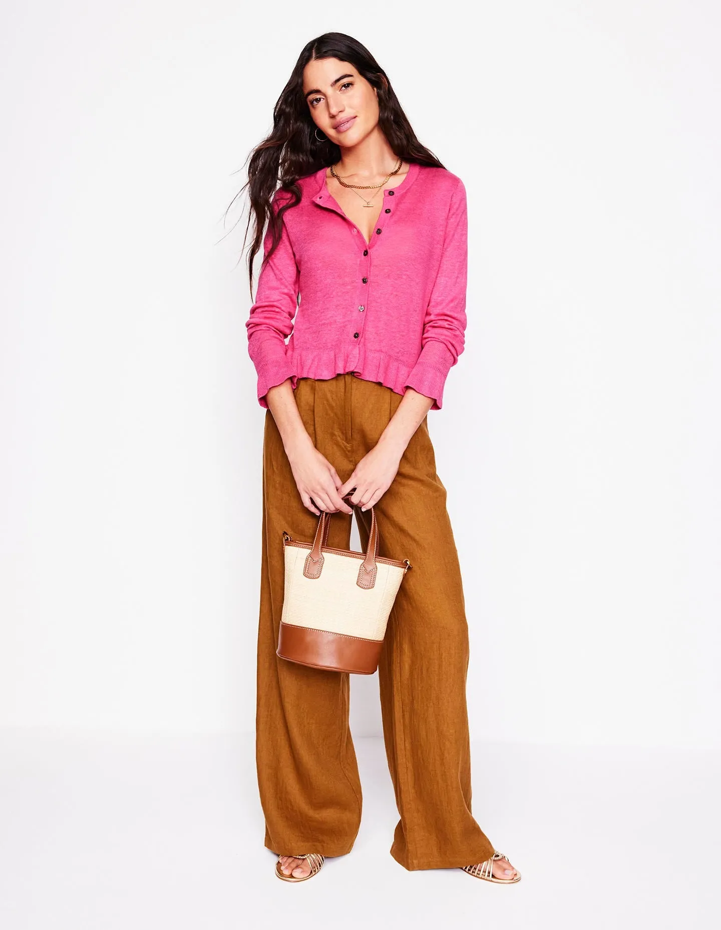 Josie Cropped Linen Cardigan-Sorbet Pink