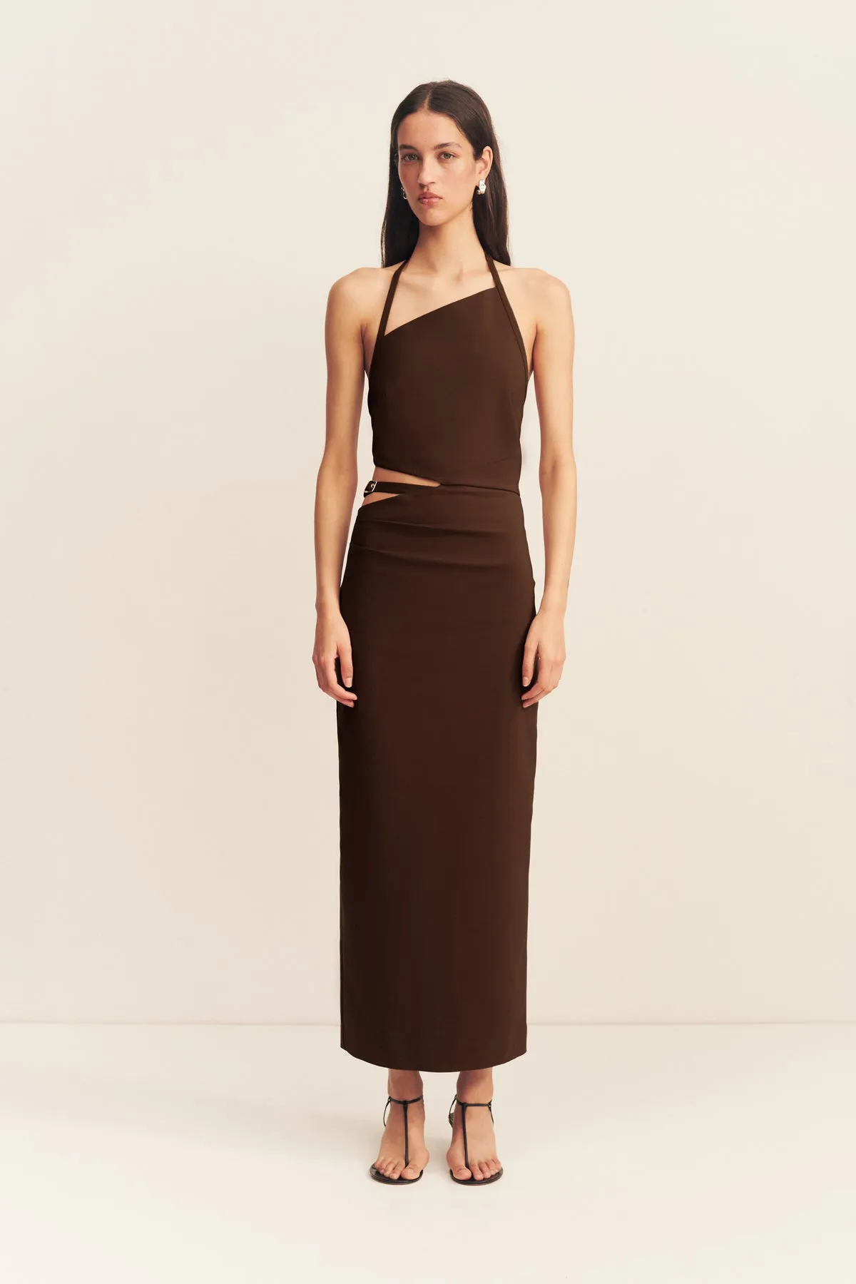 LANI CUT OUT BUCKLE MIDI DRESS - ESPRESSO