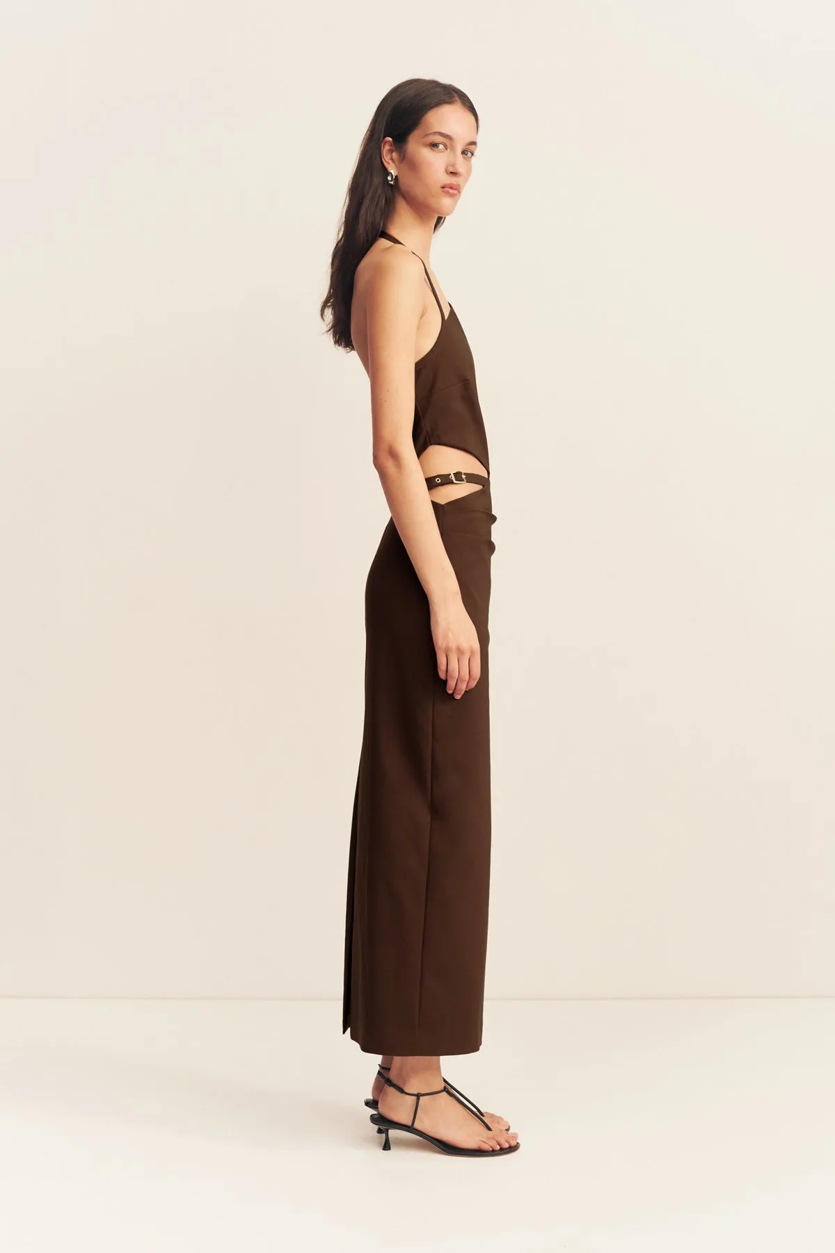 LANI CUT OUT BUCKLE MIDI DRESS - ESPRESSO