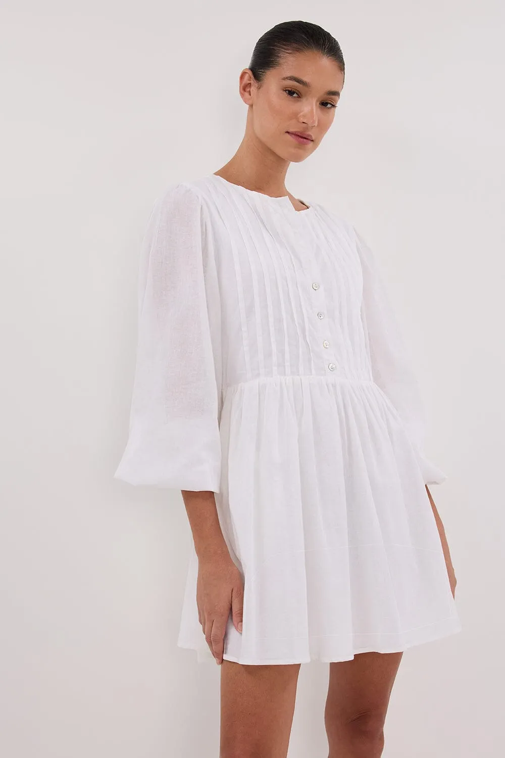 LARS WHITE BUTTON SLEEEVED LINEN MINI DRESS