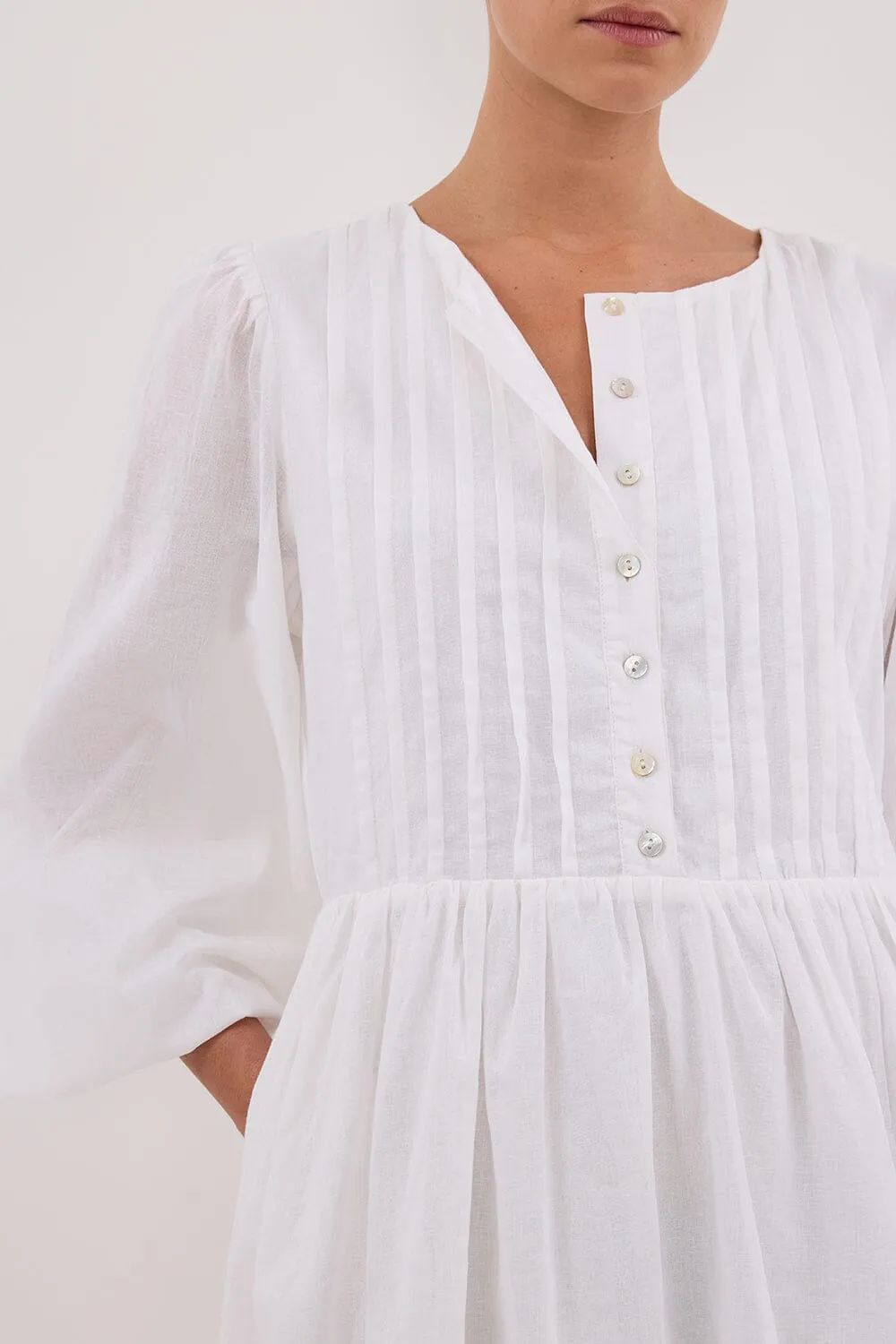 LARS WHITE BUTTON SLEEEVED LINEN MINI DRESS