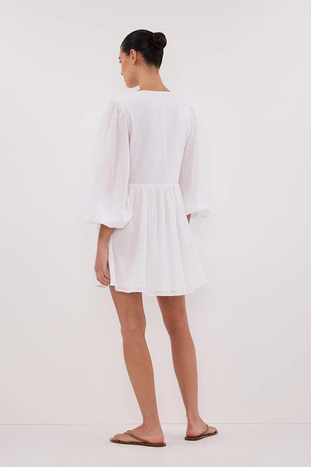 LARS WHITE BUTTON SLEEEVED LINEN MINI DRESS