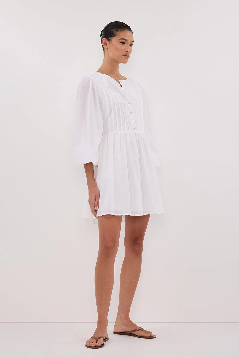 LARS WHITE BUTTON SLEEEVED LINEN MINI DRESS
