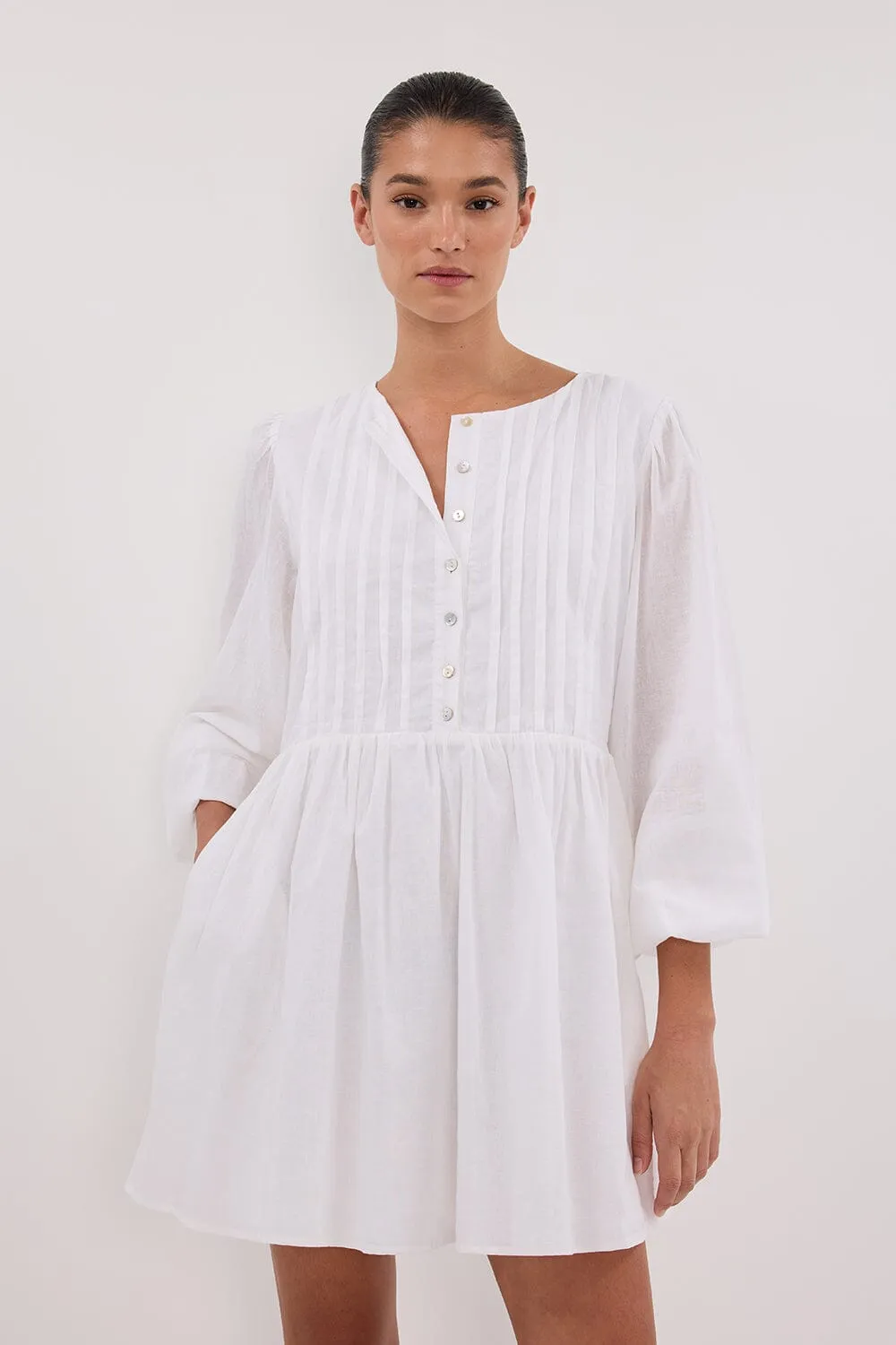 LARS WHITE BUTTON SLEEEVED LINEN MINI DRESS