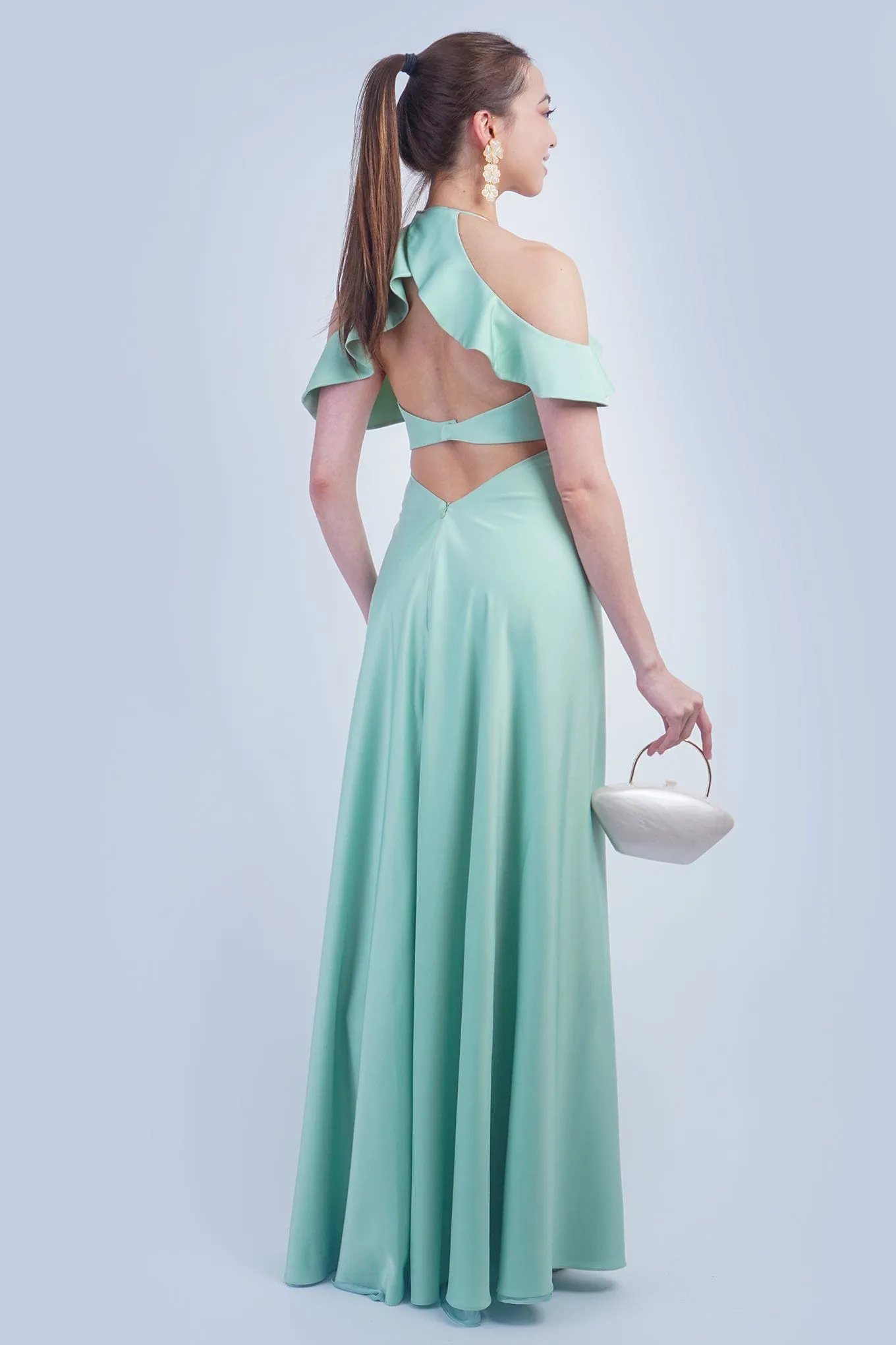 Light Green Off Shoulder Ruffle Kai Gown