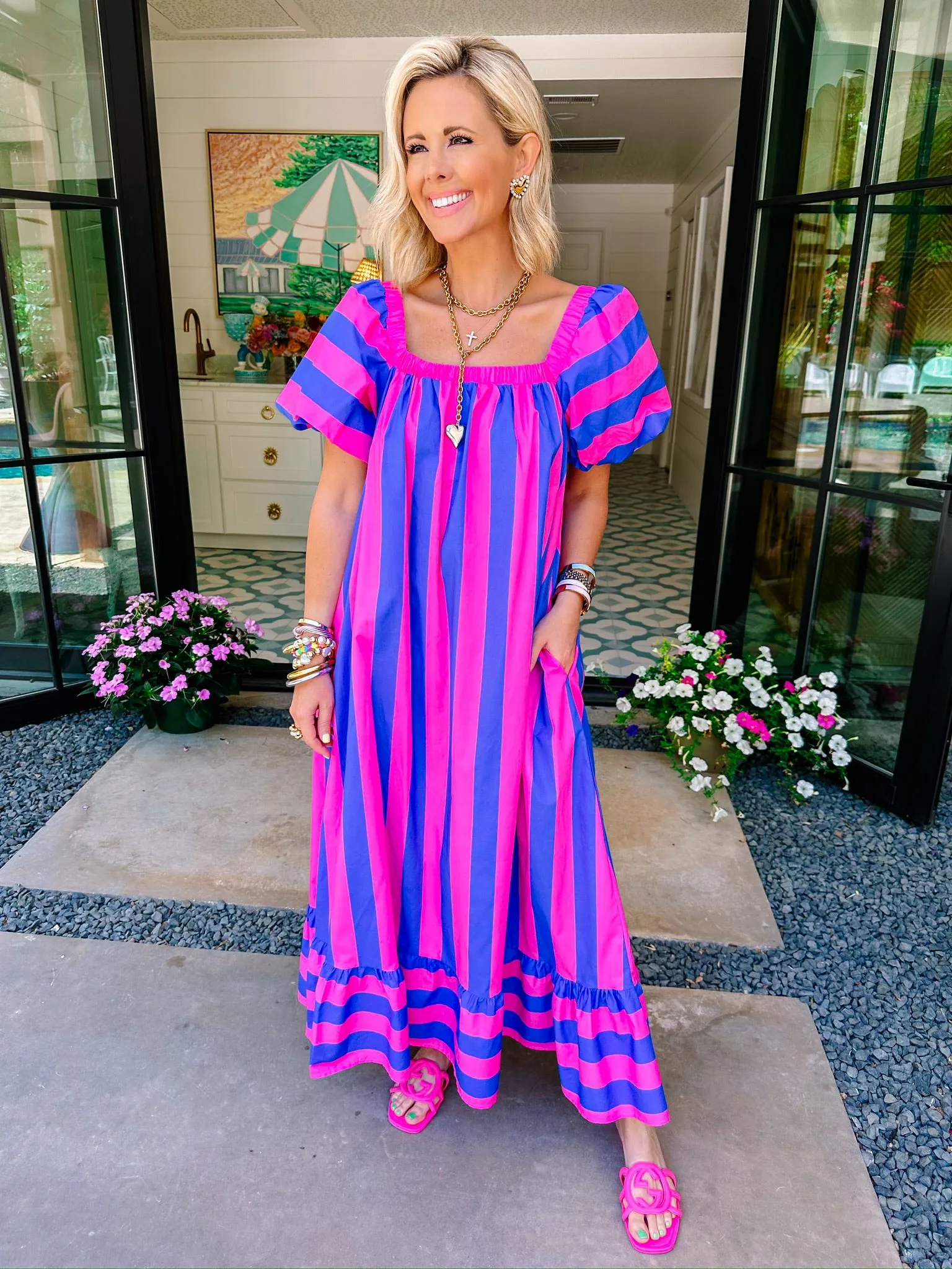 LINDSEY BOLD STRIPE MIDI DRESS - BLUE/PINK
