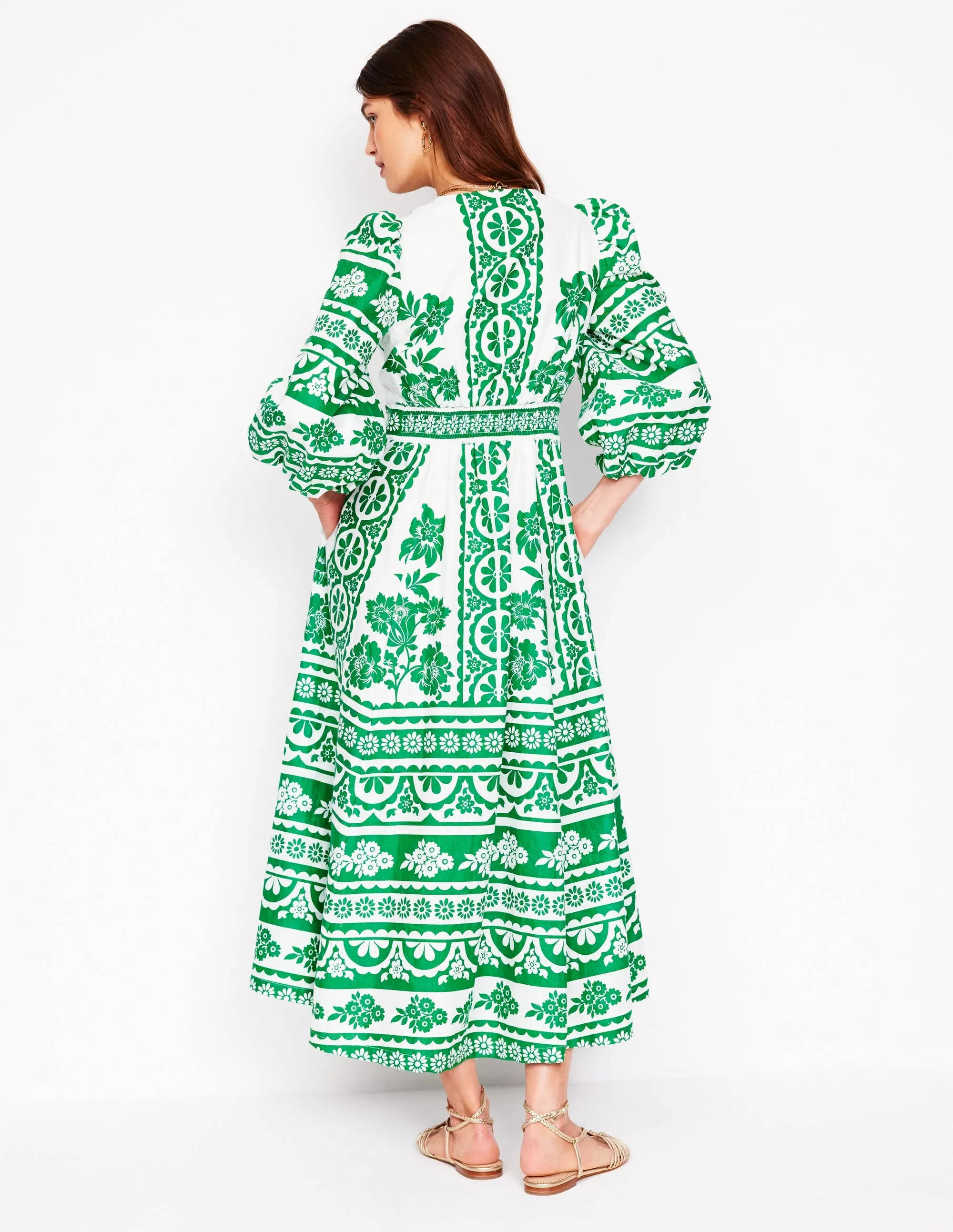 Lola Blouson Maxi Dress-Rich Emerald. Ornate Tropics