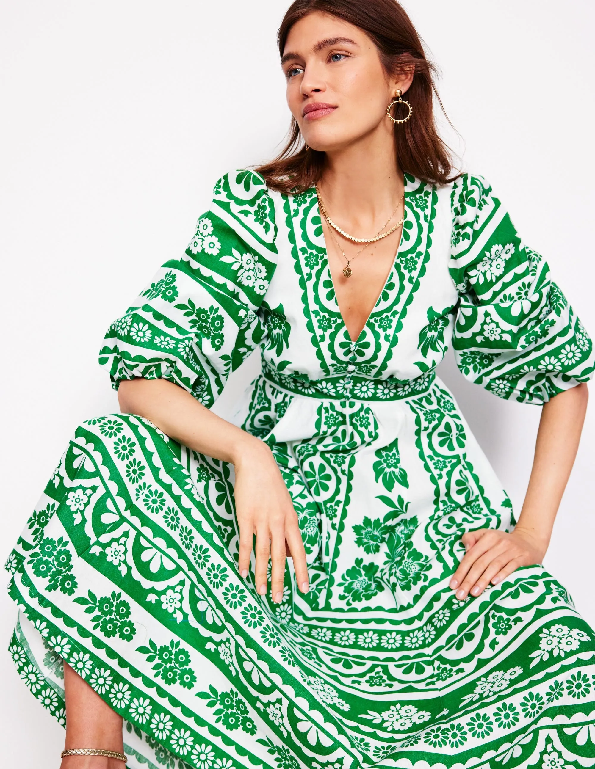 Lola Blouson Maxi Dress-Rich Emerald. Ornate Tropics