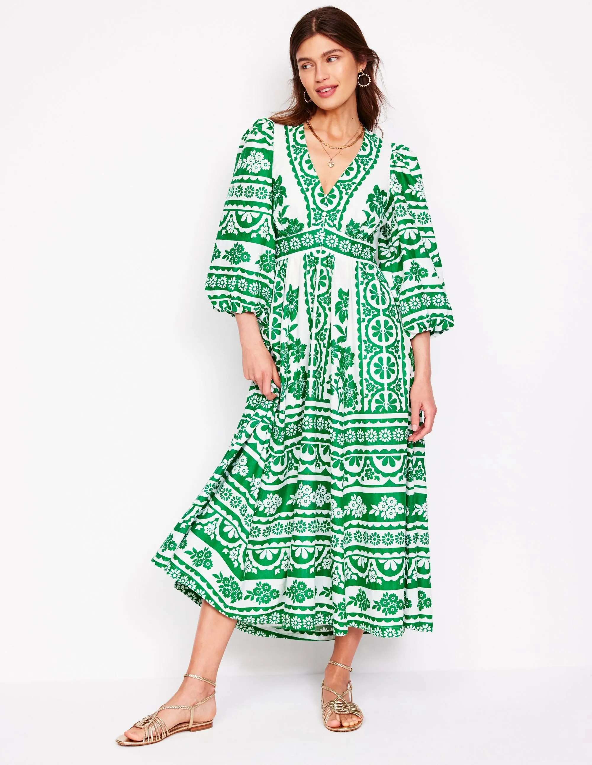 Lola Blouson Maxi Dress-Rich Emerald. Ornate Tropics