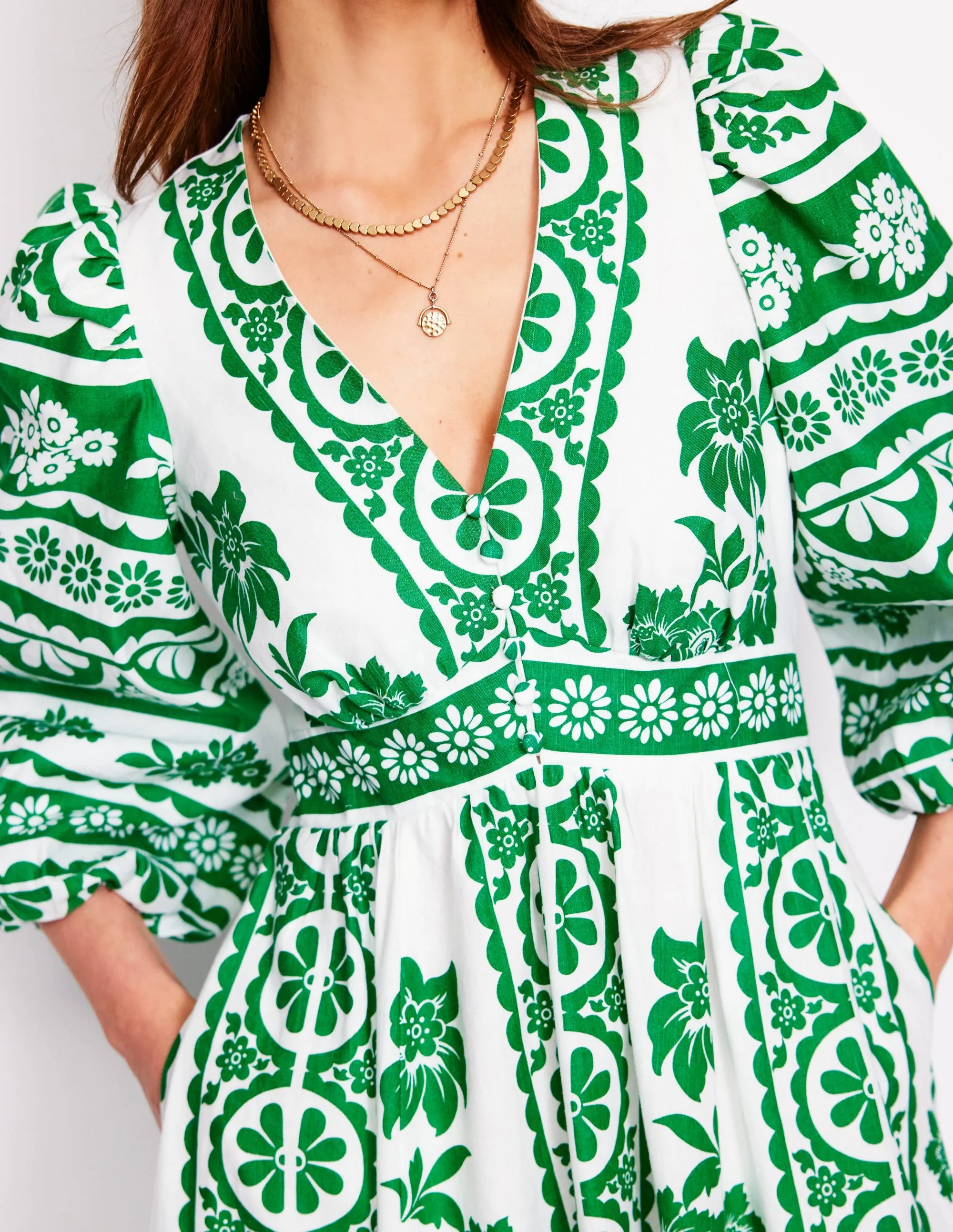 Lola Blouson Maxi Dress-Rich Emerald. Ornate Tropics