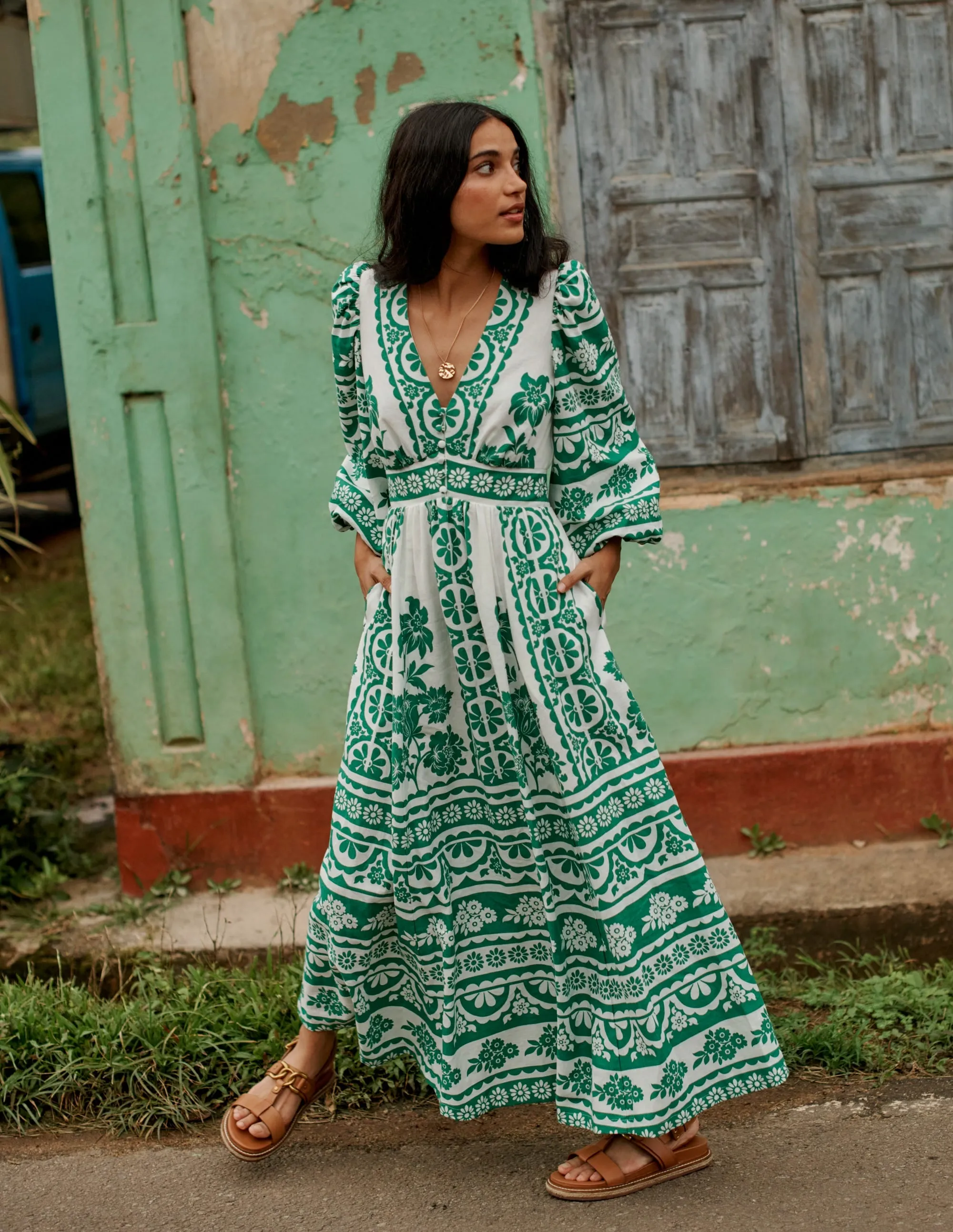 Lola Blouson Maxi Dress-Rich Emerald. Ornate Tropics