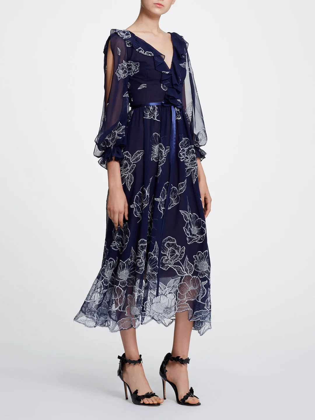Long Sleeve Floral Tulle Chiffon Gown