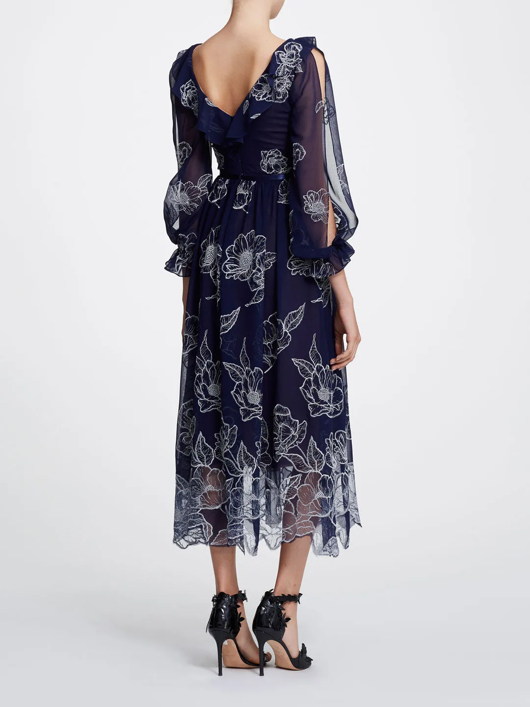 Long Sleeve Floral Tulle Chiffon Gown