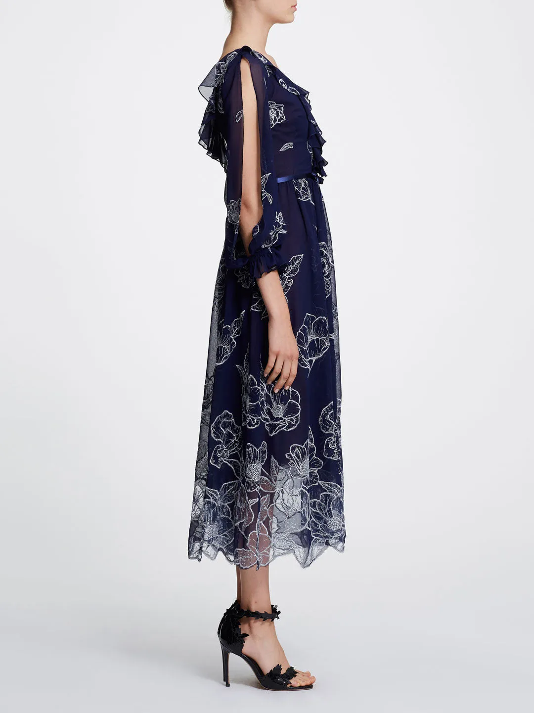Long Sleeve Floral Tulle Chiffon Gown