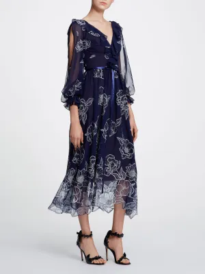 Long Sleeve Floral Tulle Chiffon Gown
