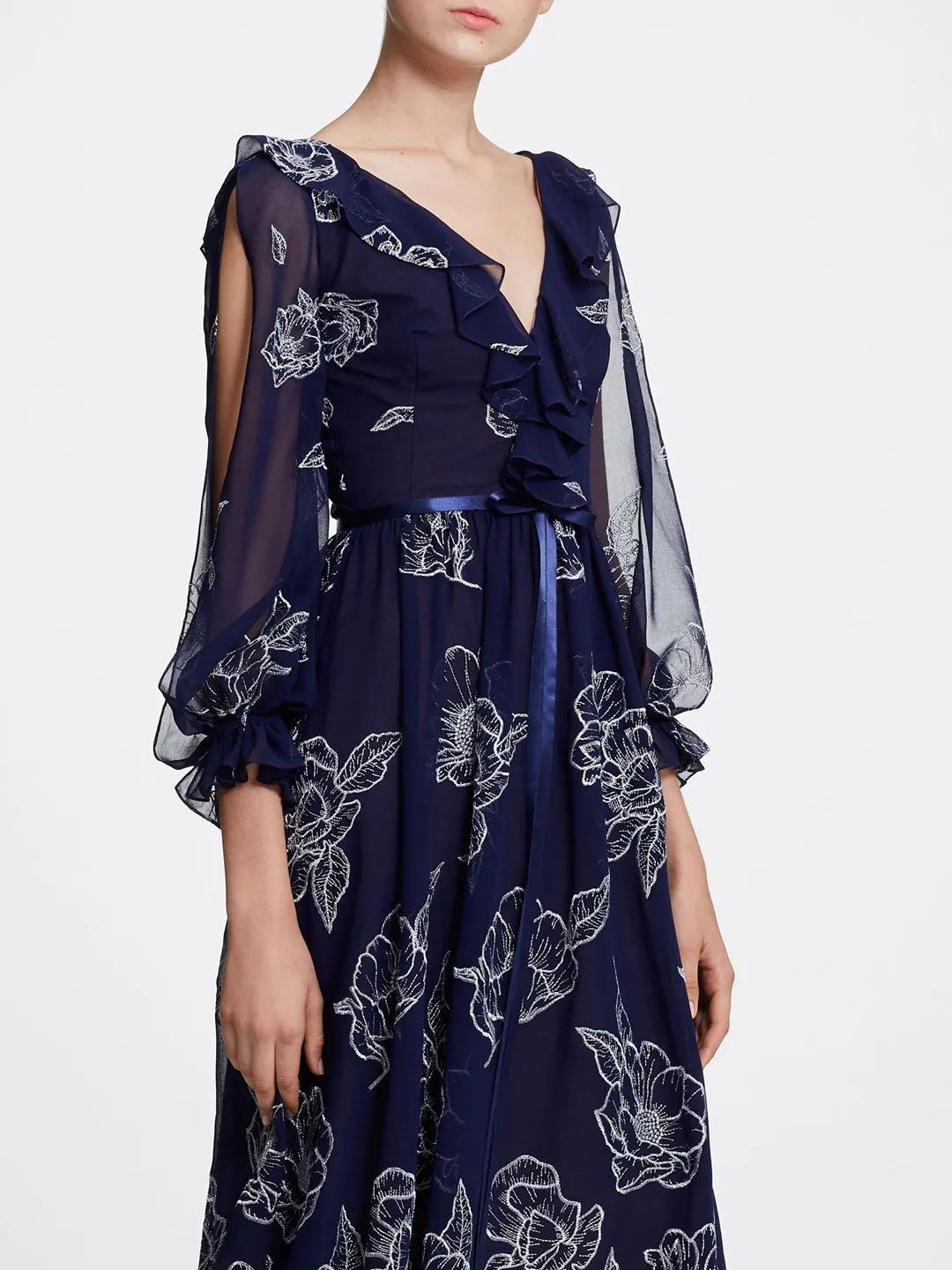 Long Sleeve Floral Tulle Chiffon Gown