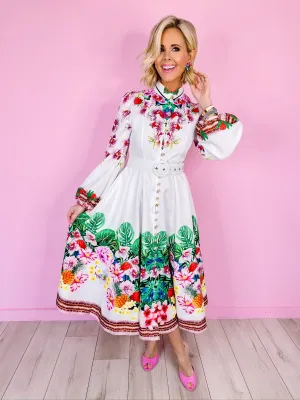 MAXINE FLORAL PARADISE MIDI DRESS - WHITE