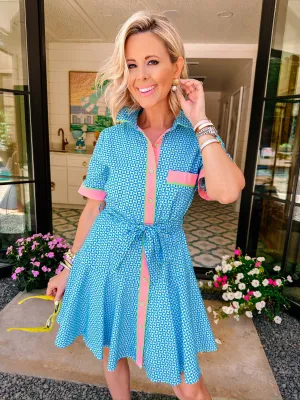 MS SIMMONS GEOMETRIC BUTTON UP DRESS - BLUE
