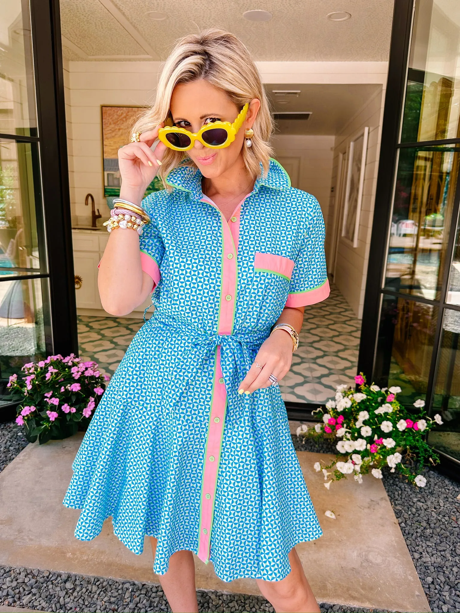 MS SIMMONS GEOMETRIC BUTTON UP DRESS - BLUE