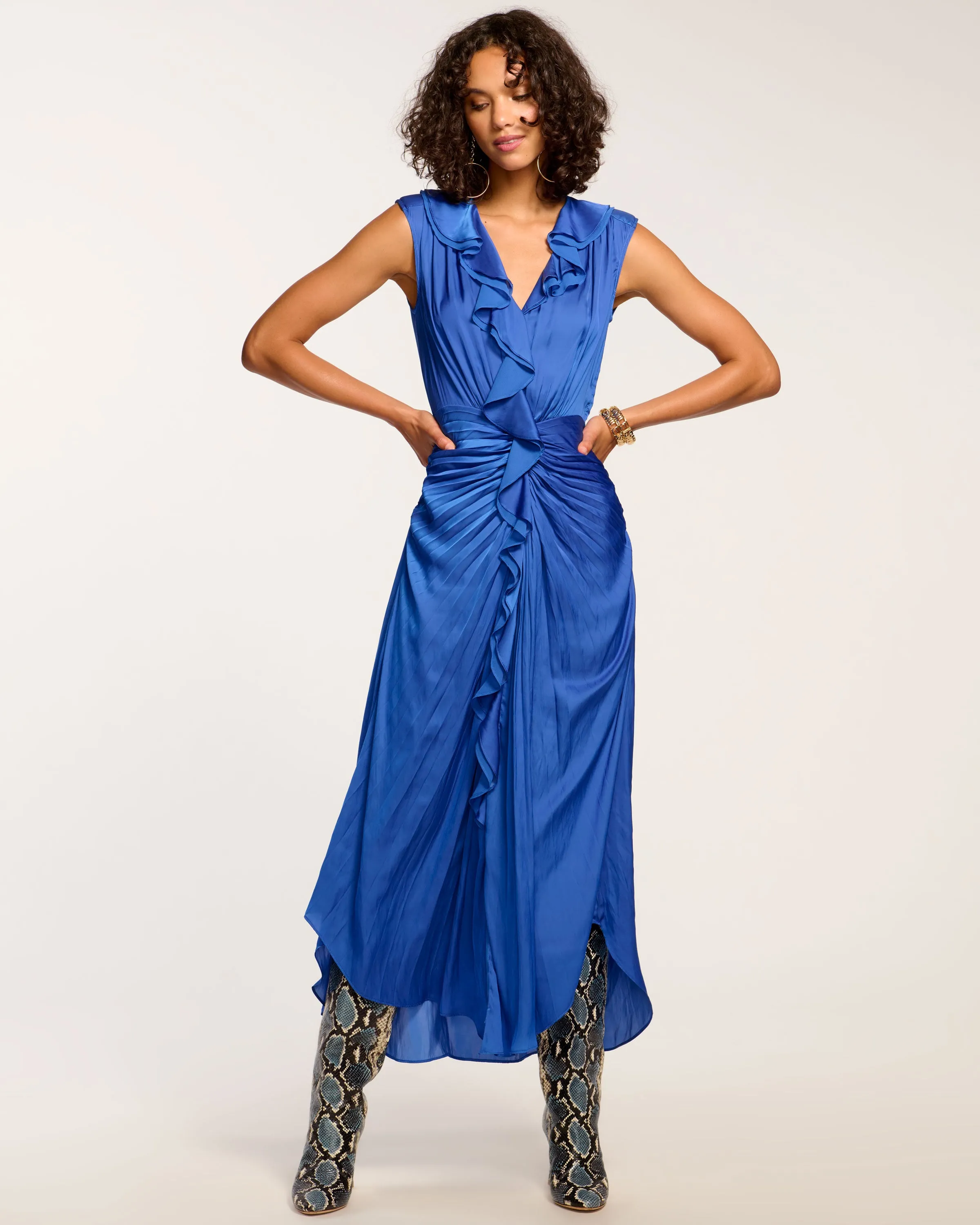 Olive Ruffle V-Neck Midi Dress