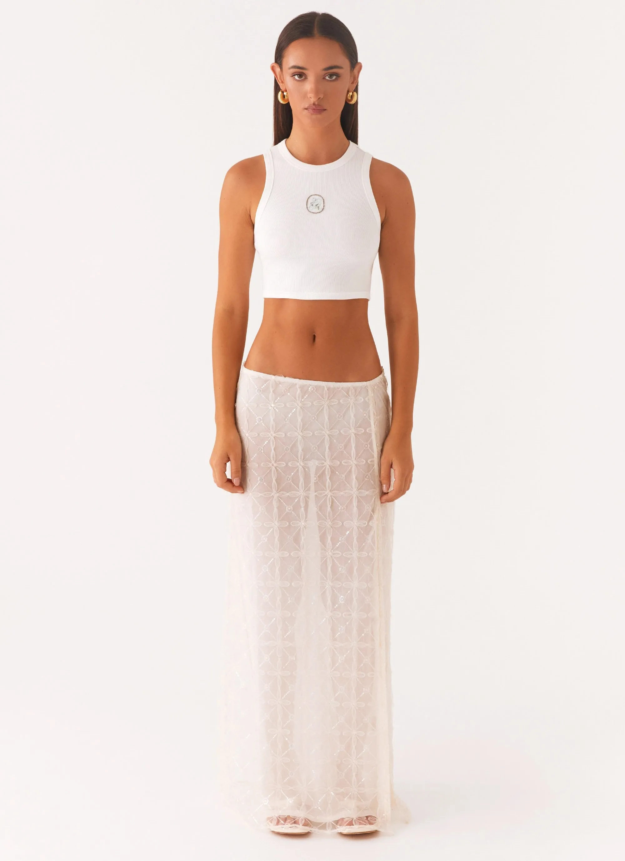 Opal Sequin Maxi Skirt - White