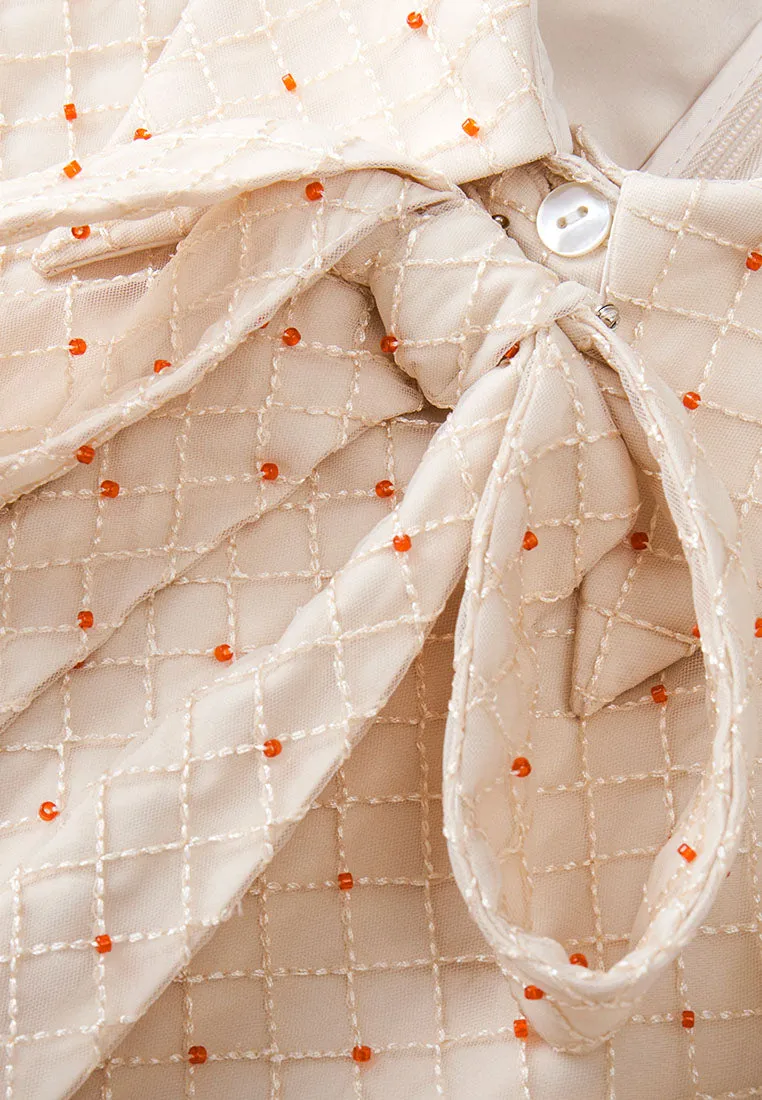 Pink Beaded Detail Collar Dress with Ribbon