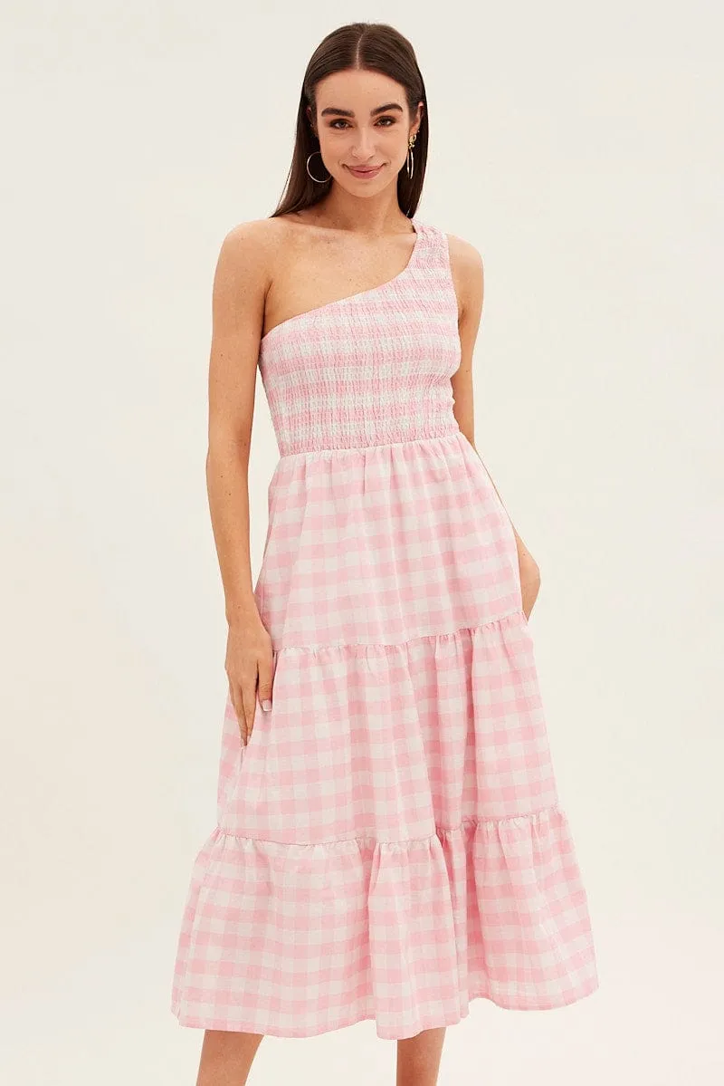 Pink Check Midi Dress One Shoulder Shirred Body